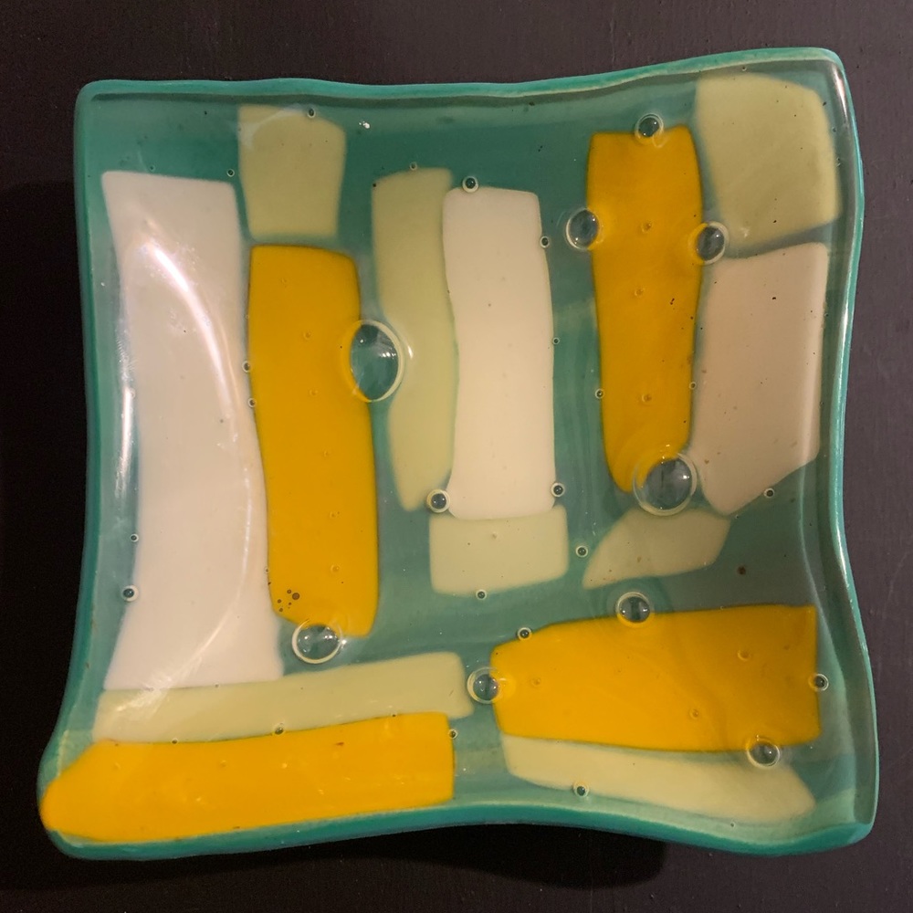 Vintage Handmade Abstract Square Art Glass Ceramic Plate